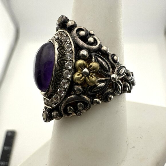 Barbara Bixby Ring Sterling Silver 18K Amethyst Topaz Sz 8 Floral Cabochon 925 - Picture 2 of 12